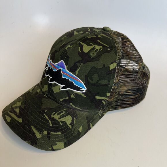 Patagonia Trout Camo Trucker Hat Cap Fishing Hunting Green Mesh Adjustable Men's